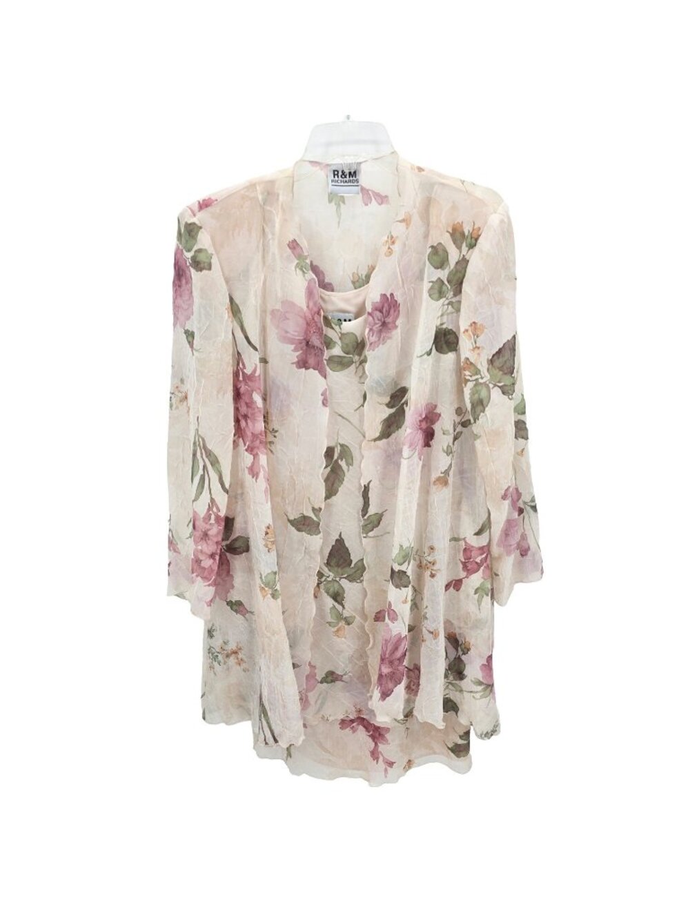 R & M Richards Sheath Dress with Jacket 14 Beige Floral Chiffon Wedding Evening